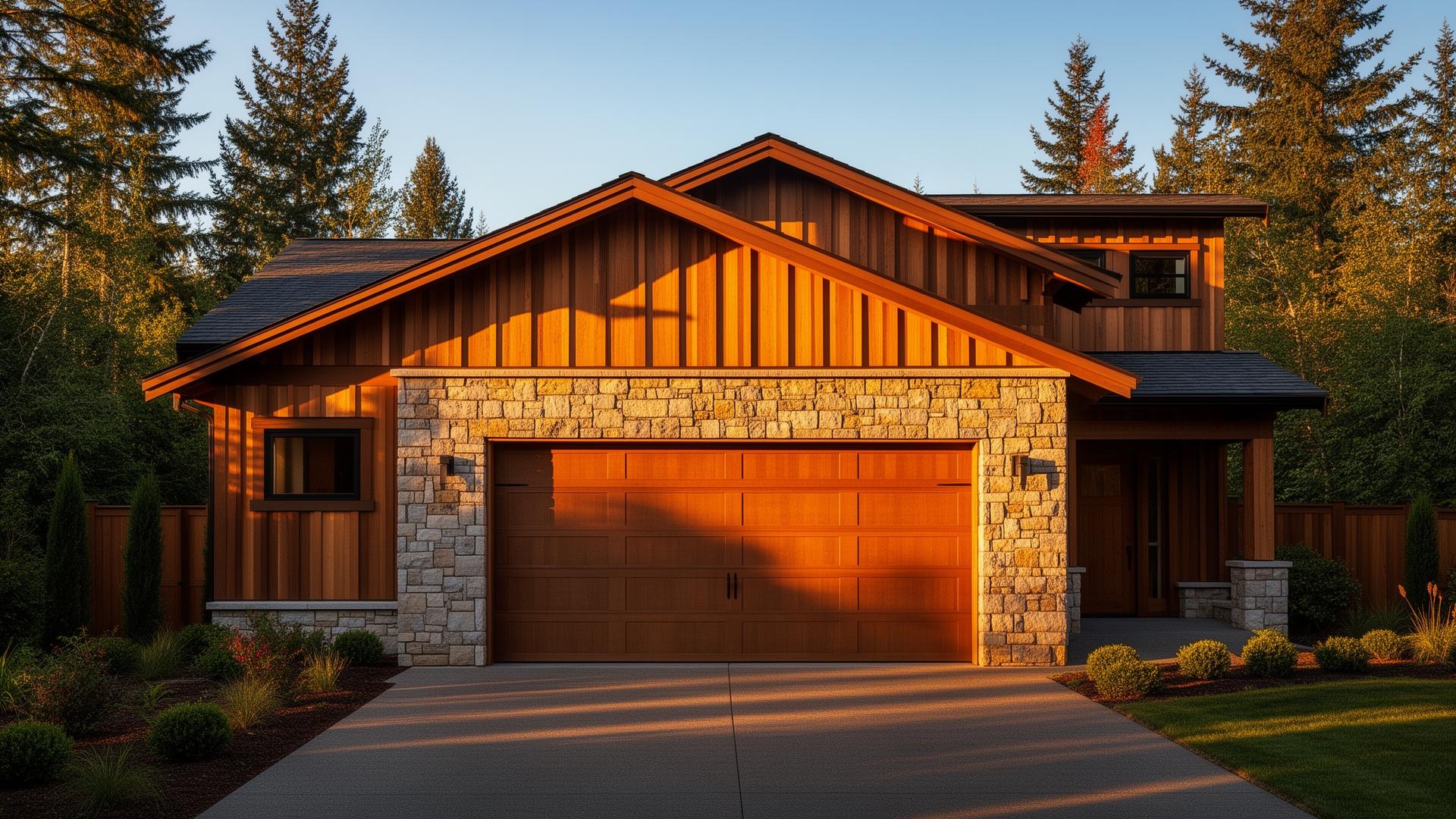 Beautiful Tuscan-inspired garage door with stone surround on a modern home in Highland City, Florida
